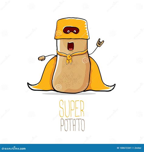 Vector Funny Cartoon Cute Brown Super Hero Potato With Orange Hero Cape