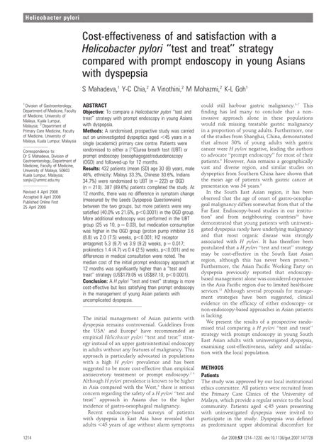 Pdf Cost Effectiveness And Satisfaction With A Helicobacter Pylori