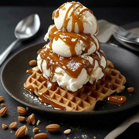 Yummy Waffle With Caramel Ice Cream Chopped Nuts And Caramel Sauce On