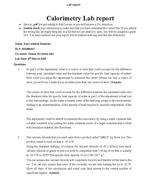 Calorimetry Lab Report Lab Report Calorimetry Lab Report Save As Pdf