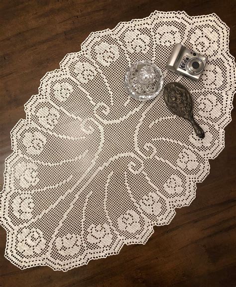 Filet Crochet Centerpiece Coffee Table Runner Handmade Oval Doily