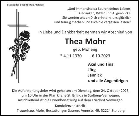 Traueranzeigen Von Thea Mohr Aachen Gedenkt