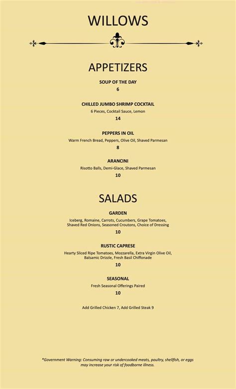 Online Menu of Willows Restaurant, Industry, Pennsylvania, 15052 - Zmenu