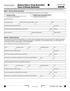 Fillable Online FTB 3520 BE Business Entity Or Group Nonresident Power