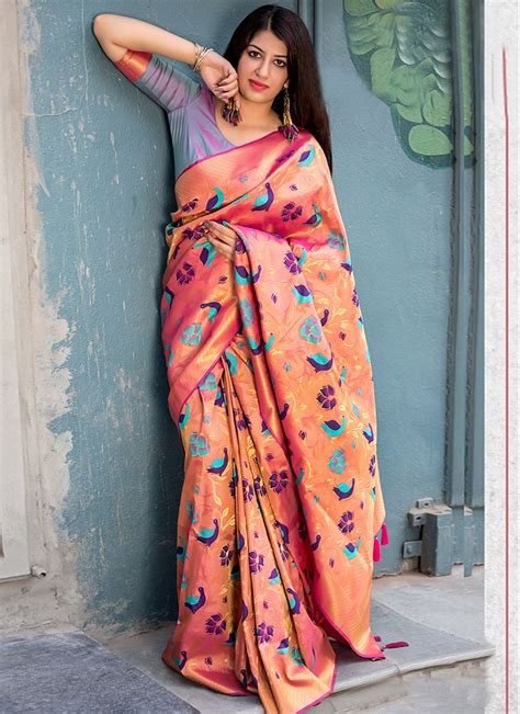 Peach Silk Flower Jacquard Traditional Saree Saree Designs