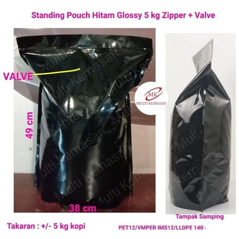 Jual Standing Pouch Hitam Glossy 5 Kg Zipper N Valve Kemasan Kopi