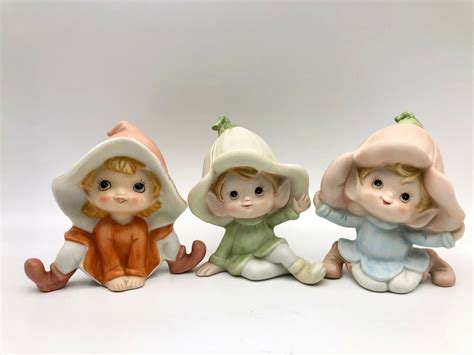 Vintage Homco Pixies Elf Elves Set Of 3 Figurines Ceramic Bisque 1970s