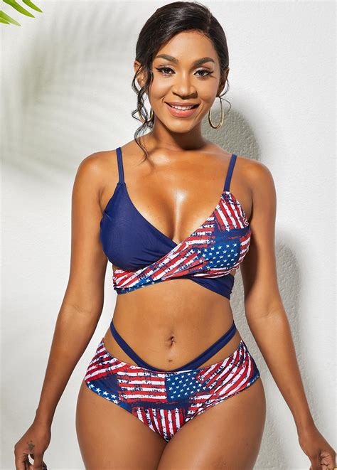 ROTITA Tie Back American Flag Print Cross Bikini Set Rotita USD