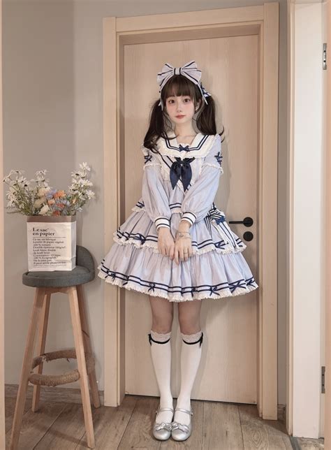 Summer Sailor Collar Blue Tiered Skirt One Piece With Detachable Sleeves