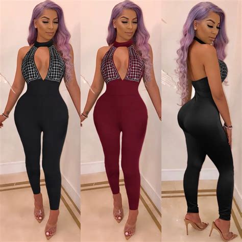 Sexy Bodysuit Tracksuit Rompers Womens Jumpsuit Patchwork Diamond