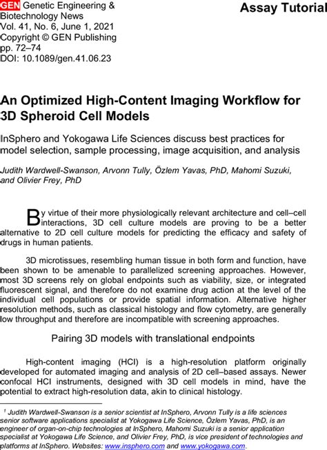 An Optimized High Content Imaging Workflow For 3D Spheroid Cell Models