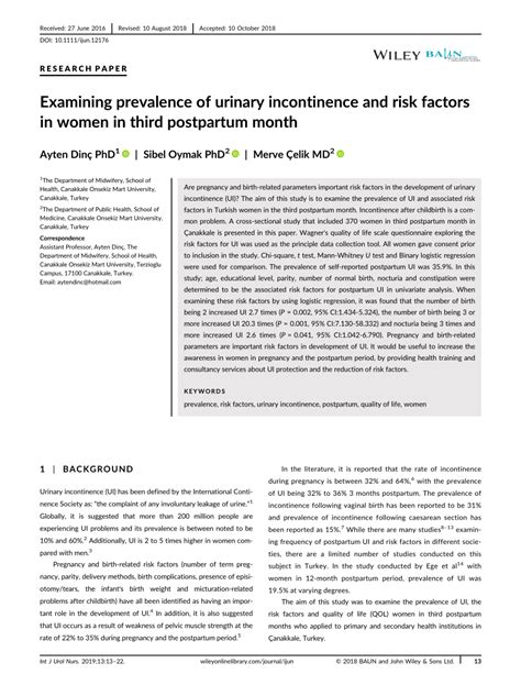 Pdf Examining Prevalence Of Urinary Incontinence And Risk Factors In