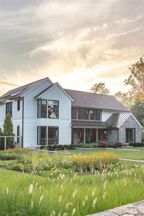 Modern Farmhouse New Construction Ext Front Elevation Landscape Sunset