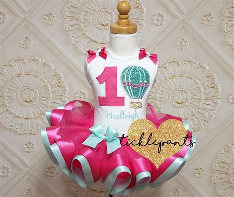 Hot Air Balloon Birthday Tutu Outfit Hot Pink Aqua Teal Includes Glitter Top And Ruffled Tutu