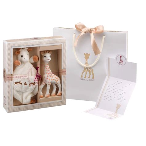 Coffret naissance prêt à offrir Sophie la girafe et Doudou avec attache