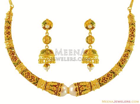 Gold Meenakari Pipe Necklace Set Stgo16262 Exclusive Meenakari 22k Gold Pipe Choker Necklace