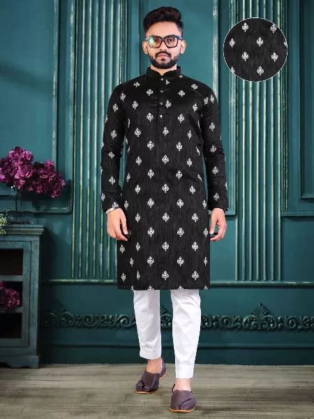 Traditional Kurta For Men In Black Color Cotton Fabric With Lucknowi