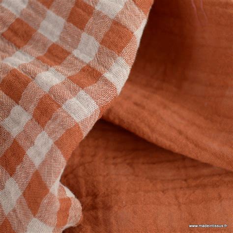 Tissu Double Gaze Vichy R Versible Cognac Et Blanc Cass Oeko Tex