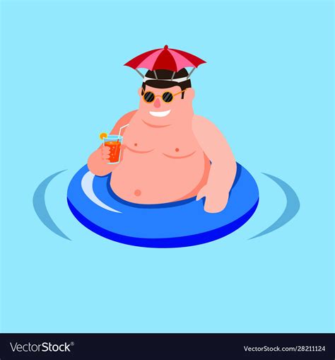 Fat Man Enjoy In Water Pool Wear Umbrella Hat Vector Image