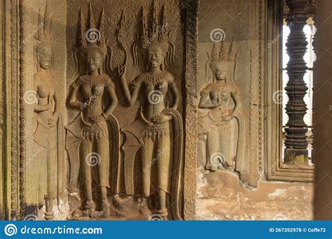 Wall Carving With Apsaras At The Famous Angkor Wat Complex Siem Reap