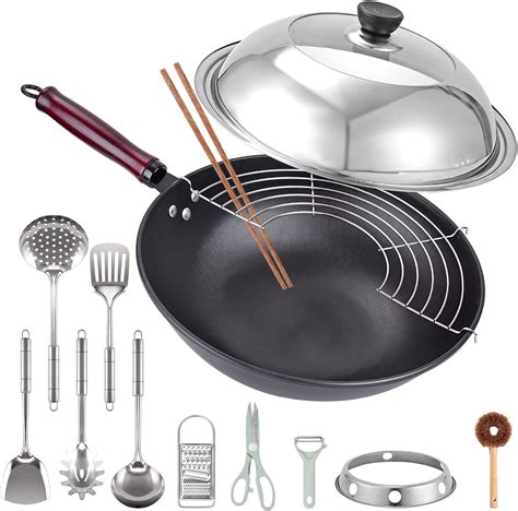 Amazon Dzzit Carbon Steel Wok Pcs With Lid Round Bottom