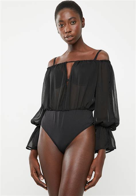 Bardot Frill Sleeve Keyhole Bodysuit Black Missguided Blouses