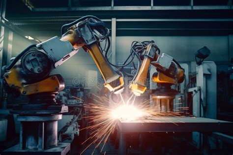Robotic Welding Robots Welding In Workshop Of Industrial Plant Stock