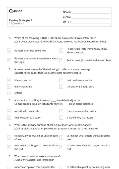 Reading Comprehension Strategies Worksheets For Th Class On