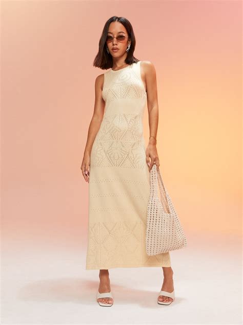 Sea Shore Pattern Knitted Eyelet Maxi Dress Cream Pomelo Fashion