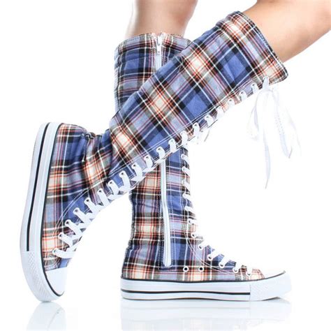 Blue Plaid Lace Up Knee High Boots Canvas Sneakers Womens Skate Shoes Knee High Sneakers