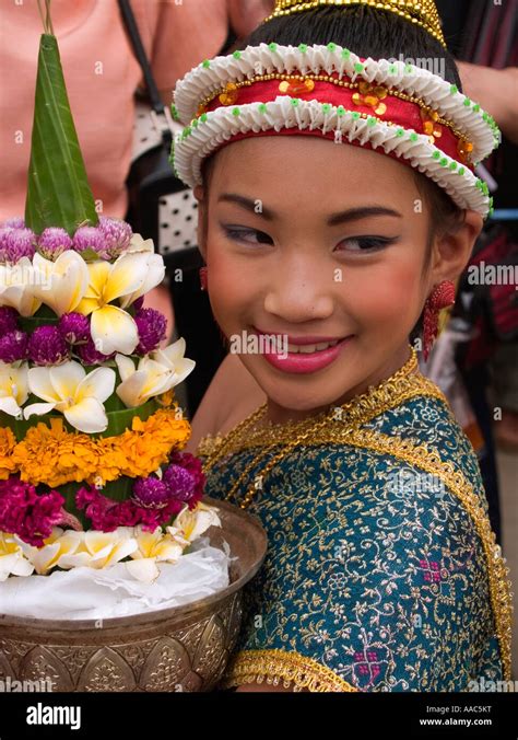 Lao girl with her flowers Songkran New Year festival Luang Prabang Laos ...