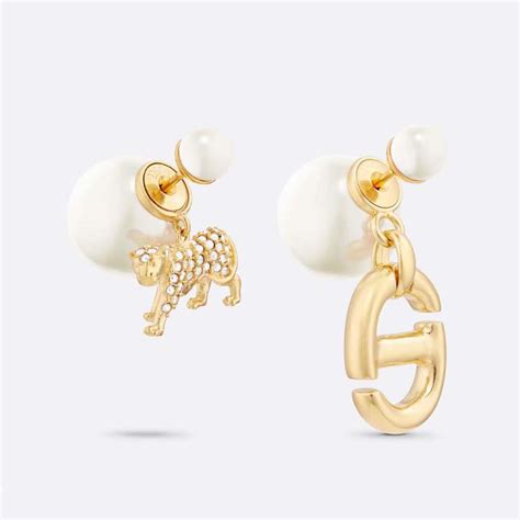 Dior Women Tribales Earrings Gold Finish Metal With White Resin Pearls