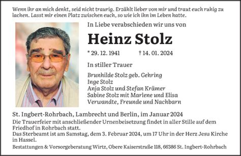 Traueranzeigen Von Heinz Stolz Saarbruecker Zeitung Trauer De