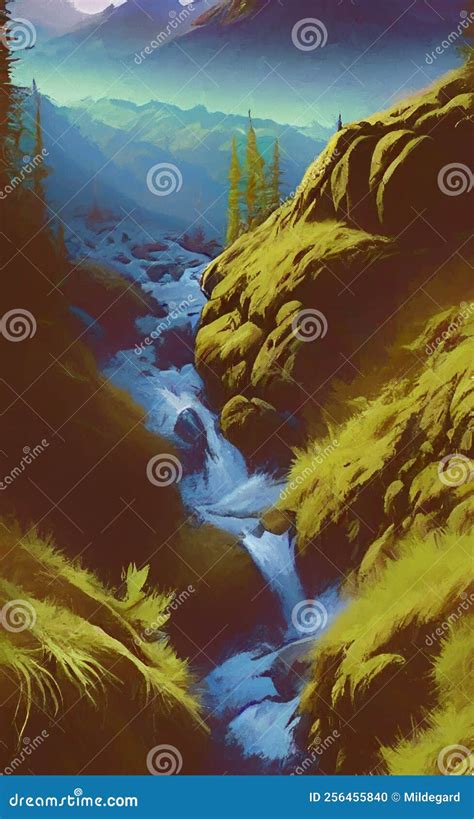 Mountain River and Forest - Digital Art Stock Illustration - Illustration of river, mountain ...