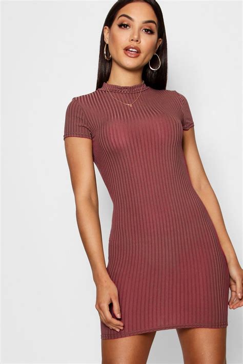 High Neck Cap Sleeve Rib Bodycon Dress Boohoo Uk High Neckline Dress