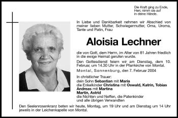 Traueranzeigen Von Aloisia Lechner Trauer Bz