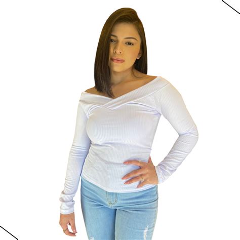 Blusa Canelada Ombro A Ombro Manga Longa Cumprida Blusinha Bojo Frio