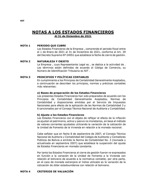 NIT Modelo De Notas De Un Trabajo Sistematizado NIT NOTAS A LOS