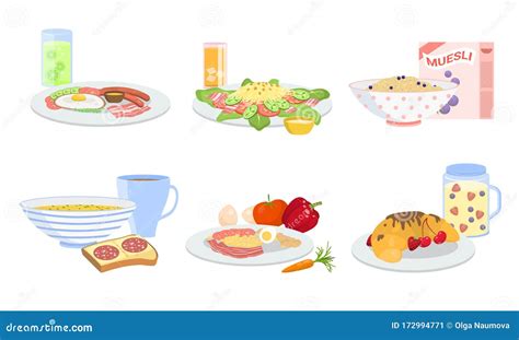 Sets Of Healthy Breakfasts From Different Dishes And Products Vector