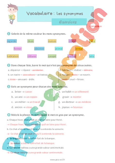 Les Synonymes Exercices De Vocabulaire Pour Le Ce Pdf Imprimer