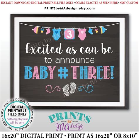 Baby Number 3 Pregnancy Announcement Printable 8x1016x20 Chalkboard