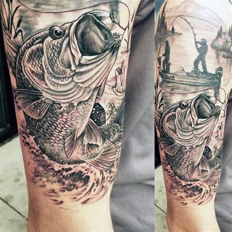 Very Realistic Looking Black And White Detailed Fishing Tattoo On Half