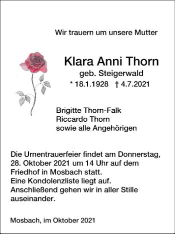 Traueranzeigen Von Klara Anni Thorn Trauerportal Ihrer Tageszeitung