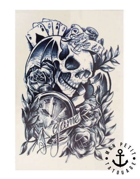 Tatouage Temporaire Composition T Te De Mort Horloge Roses Mon