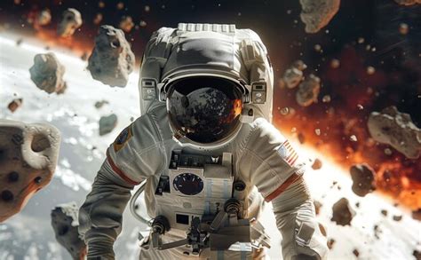 Astronaut In Space Surrounded By Asteroids Premium AI Generated Image