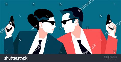 Two Secret Agents Spies Security Guards Or Policemen Female And Male