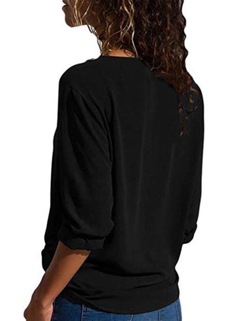 Women V Neck Solid Color Long Sleeve Blouse Noracora