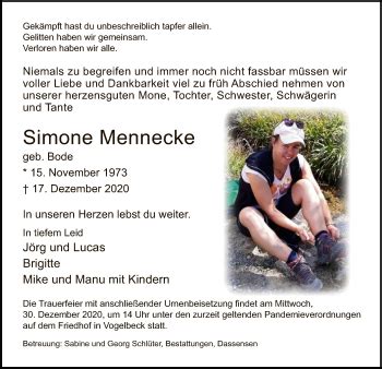 Traueranzeigen Von Simone Mennecke Trauer Hna De