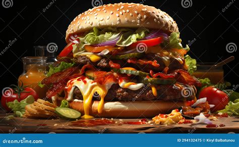 Delicious Big Burger With Beef Meat Patties Stock Illustration