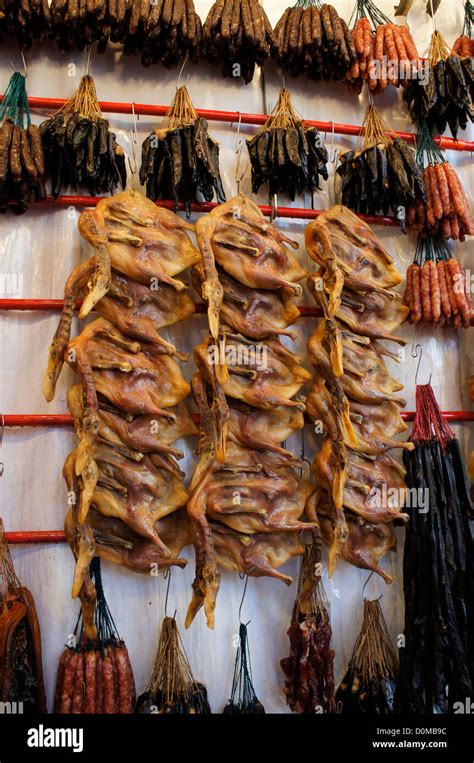 Chinese Salted Waxed Duck And Sausages At Singapore Chinatown Night